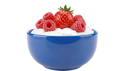 Blue bowl of yogurt with strawberries and raspberries