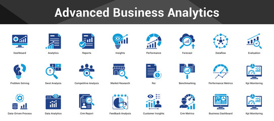 Advanced Business Analytics Cohesive set of minimalist vector icons representing key ideas with visual clarity