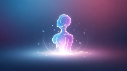 Ethereal Glowing Abstract Human Figure in Profile. Vibrant Neon Gradient Digital Art Symbolizing Spirituality, Consciousness, and Inner Peace, Emer...