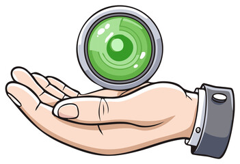 Open palm holds a detailed camera lens with green focus elements