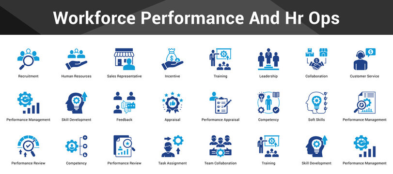 Workforce Performance And Hr Ops Cohesive set of minimalist vector icons representing key ideas with visual clarity