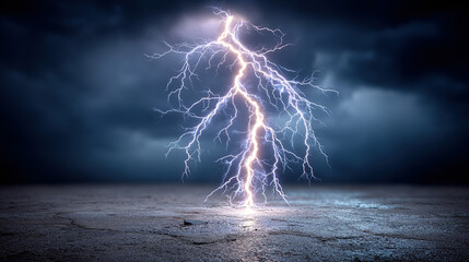 lightning strike hitting a flat, barren landscape during a stormy night.