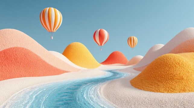Bright and Colorful Minimalist Summer Beach Scene with Hot Air Balloons