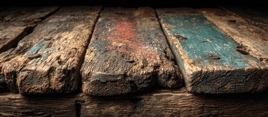Close-up of weathered, colorful wooden planks, with nails, and varied textures