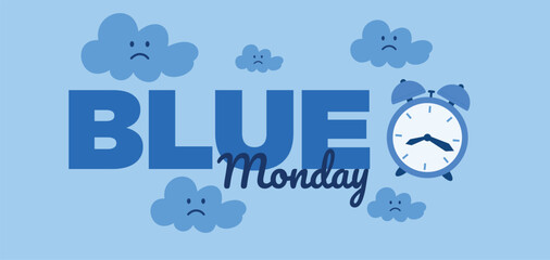 Conceptual Blue Monday illustration featuring sad rain clouds and an alarm clock on a light blue background.