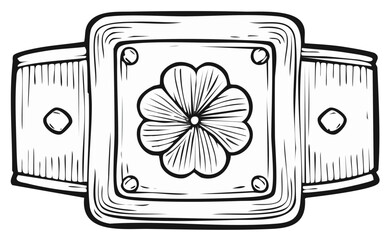 Line art illustration of a decorative belt buckle with a flower emblem and ornamental studs on a white background