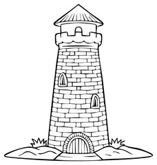 Cartoon medieval stone tower with arch windows on island linear vector