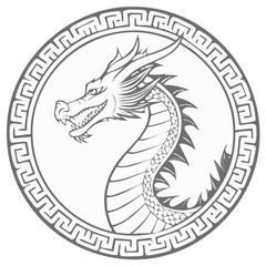 Stylized Dragon Head in Geometric Circle, Cultural Symbol, Detailed Line Art Illustration, Mythical Creature, Traditional Design