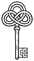 Black and White Hand Drawn Ornate Skeleton Key with Celtic Knot Bow Outline