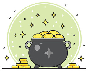 St Patricks Day pot of gold cartoon illustration. Leprechauns lucky treasure cauldron with sparkling coins.