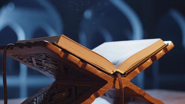 Warm, dramatic close-up of the open holy quran on a rehal, offering spiritual guidance outside the prison walls.