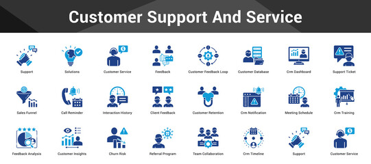 Customer Support And Service Cohesive set of minimalist vector icons representing key ideas with visual clarity