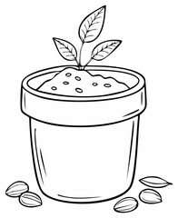Simple Line Drawing of a Small Seedling Growing in a Pot with Seeds