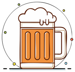 Cartoon mug of beer with foamy head on circle background