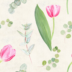 Seamless floral pattern with tulips and eucalyptus leaves, hand-painted watercolor on textured paper. Pastel botanical ideal for wedding stationery, fabric, packaging, wrapping paper, spring decor.