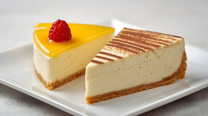 Creamy cheesecake slices with raspberry and caramel glaze on white plate, elegant dessert presentation in soft natural light for bakery menu
