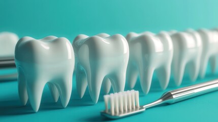 Row of Healthy White Teeth and Toothbrush on Teal Background