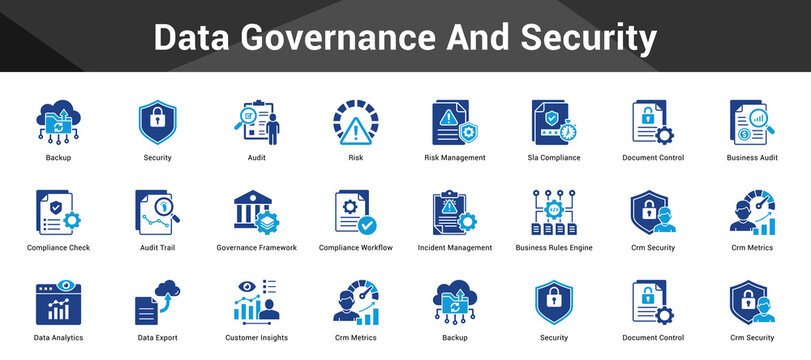 Data Governance And Security Cohesive set of minimalist vector icons representing key ideas with visual clarity