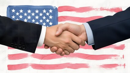 Independence Day: Business Handshake over American Flag Background