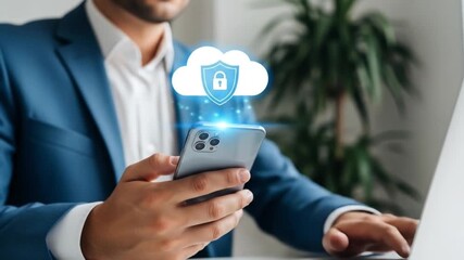 businessman using a smartphone and laptop, with cloud security concept - Powered by Adobe