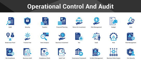 Operational Control And Audit Cohesive set of minimalist vector icons representing key ideas with visual clarity
