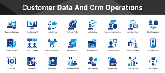 Customer Data And Crm Operations Cohesive set of minimalist vector icons representing key ideas with visual clarity