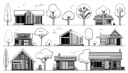 現代的な家屋と自然の木々が調和した、白黒の線画イラストコレクション。都市開発や住宅デザインのコンセプトに最適な、多様な建築様式を表現しています。