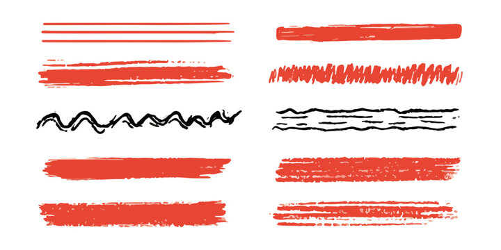 様々な手描きの赤と黒の線、波線、ブラシストローク、下線、落書きが透明な背景に描かれたデザイン素材のセット。