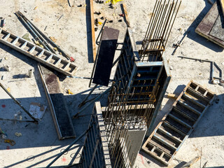 Column formwork and rebar structure on concrete construction site