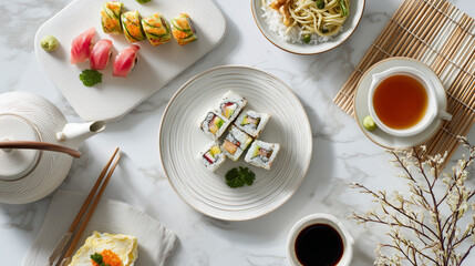 Overhead view of assorted sushi on plates with tea and utensils on a marble tabletop.