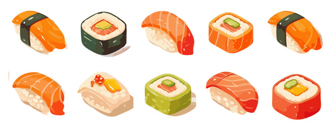 様々な種類の寿司と巻き寿司が透明な背景に描かれた、カラフルで魅力的なイラストコレクション。和食の多様性を表現し、メニューやデザイン素材に最適です。