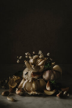 Still Life with Garlic, Flowers, and Insects