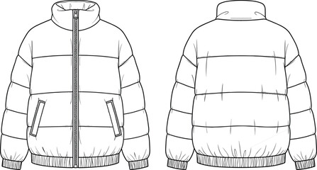 Men puffer jacket cad drawing, winter padded coat technical sketch, front back view, flat vector illustration apparel template fashion design © MstAnufa
