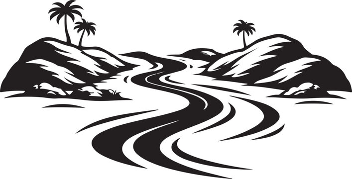 Winding river through tropical landscape isolated on white background, Vector, illustration