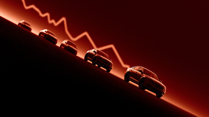 Economic Downturn:  Silhouette cars descend a red graph, symbolizing an economic downturn, loss and decline. The vehicles represent various sectors, illustrating the effects of a negative trend. 