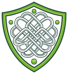 Green Framed Shield Emblem Featuring Intricate Silver Knot Design with Decorative Dots and Lines Pattern
