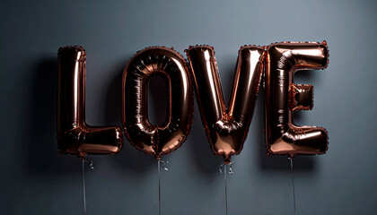 Love in Letter Balloons: Large rose gold letter balloons spelling out LOVE float in front of a dark blue background, casting subtle shadows and creating a stylish. Valentine. Generative AI.