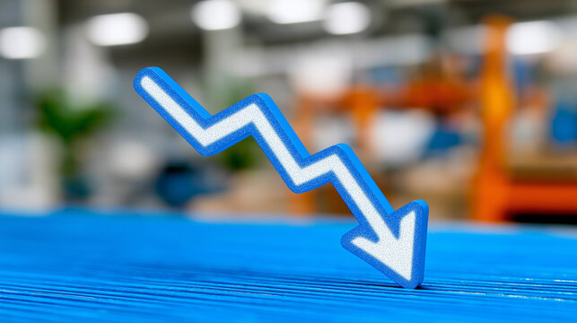 Market Downturn: A symbolic depiction of a market downturn, with a sharp downward arrow set against an industrial backdrop, portraying the concept of decline and economic instability.