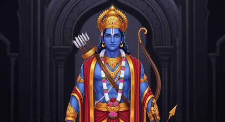 Lord Rama standing strong with a bow, ready for battle, symbolizing righteousness and divine strength