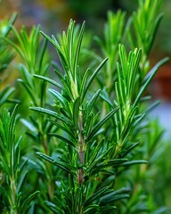 Obraz premium fresh rosemary leaves growing outdoors, healthy lifestyle concept, natural antioxidant herb,