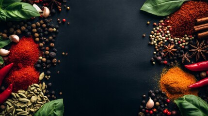 Vibrant and Colorful Assortment of Spices and Herbs Spreading Across a Dark Surface Ideal for Culinary, Cooking, and Food Related Concepts