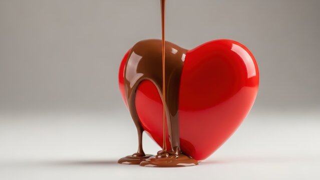 Red heart shaped object being covered in chocolate sauce.