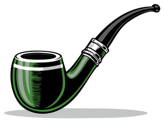 Illustration of an antique smoking pipe with green accents; classic tobacco smoking concept and vector drawing