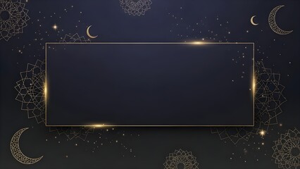 Obraz premium Elegant Islamic night background featuring a golden rectangular frame, crescent moon, stars, and geometric patterns, ideal for Ramadan banners, Eid greetings, and premium event designs.