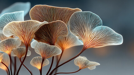 close-up of delicate, illuminated ginkgo leaves with intricate vein patterns.