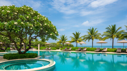 Obraz na płótnie Canvas luxury resort pool with ocean view and tropical trees