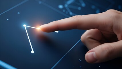 Human Finger Interacting with Glowing Digital Network on Dark Screen.