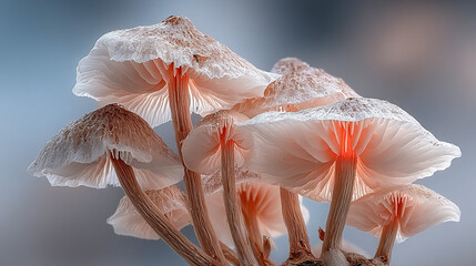 Cluster of delicate, pale mushrooms with gilled undersides and textured caps.