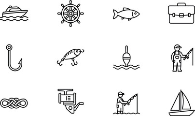 Professional thin line fishing icon set featuring boat steering wheel fish hook lure fisherman rod and nautical symbols,