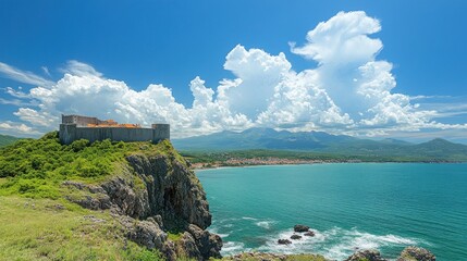 Coastal fortress on a cliff overlooking a turquoise sea and mountains under a vibrant blue sky